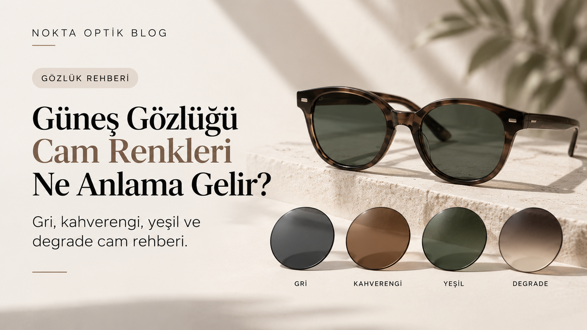 Gri kahverengi yeşil ve degrade güneş gözlüğü cam renklerini gösteren Nokta Optik rehberi