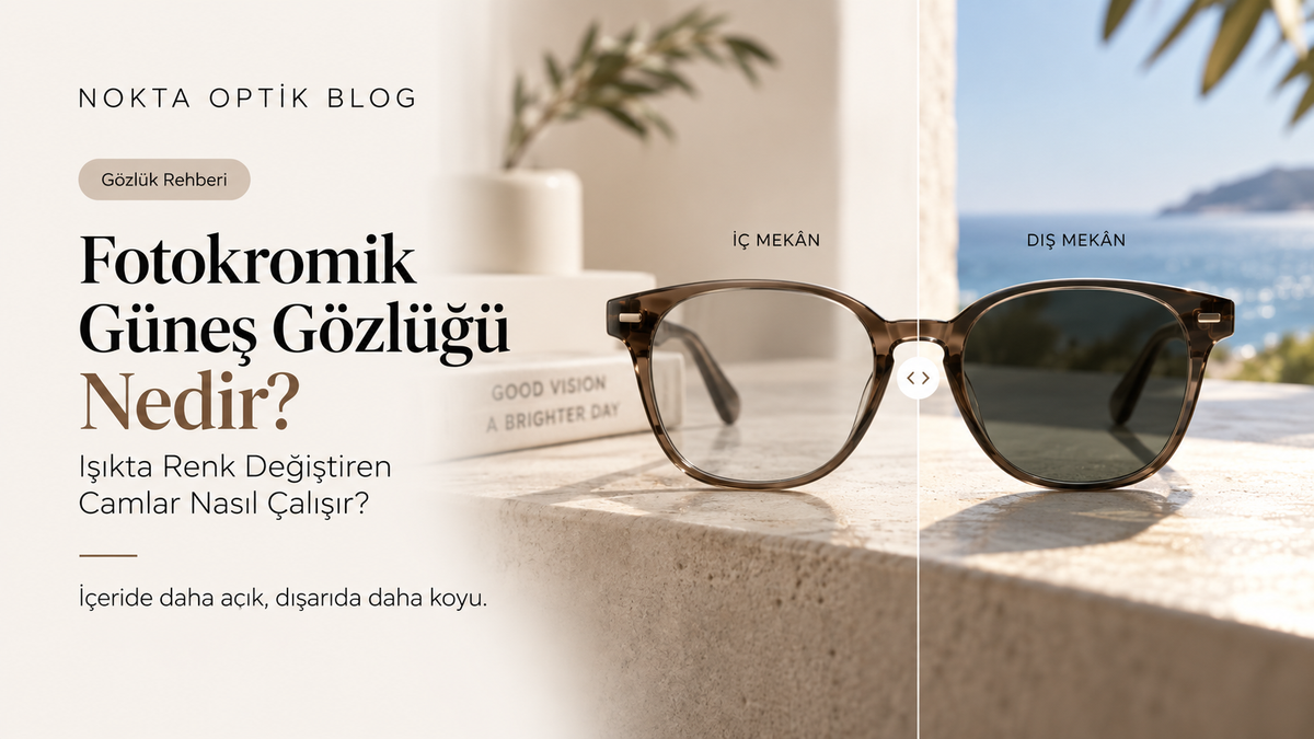 Fotokromik güneş gözlüğü camının iç ve dış mekânda renk değişimini gösteren Nokta Optik rehberi